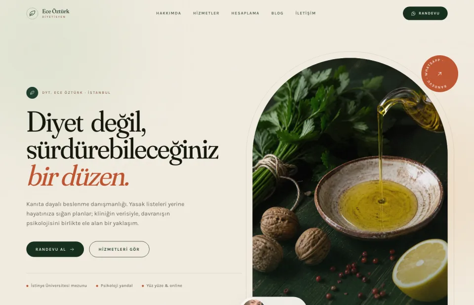 Dyt. Ece Öztürk sitesinin açılış ekranı