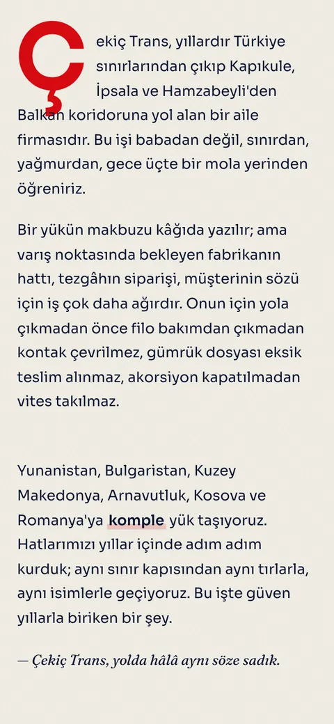 Çekiç Trans sitesi telefonda: firmanın hikâyesi bölümü