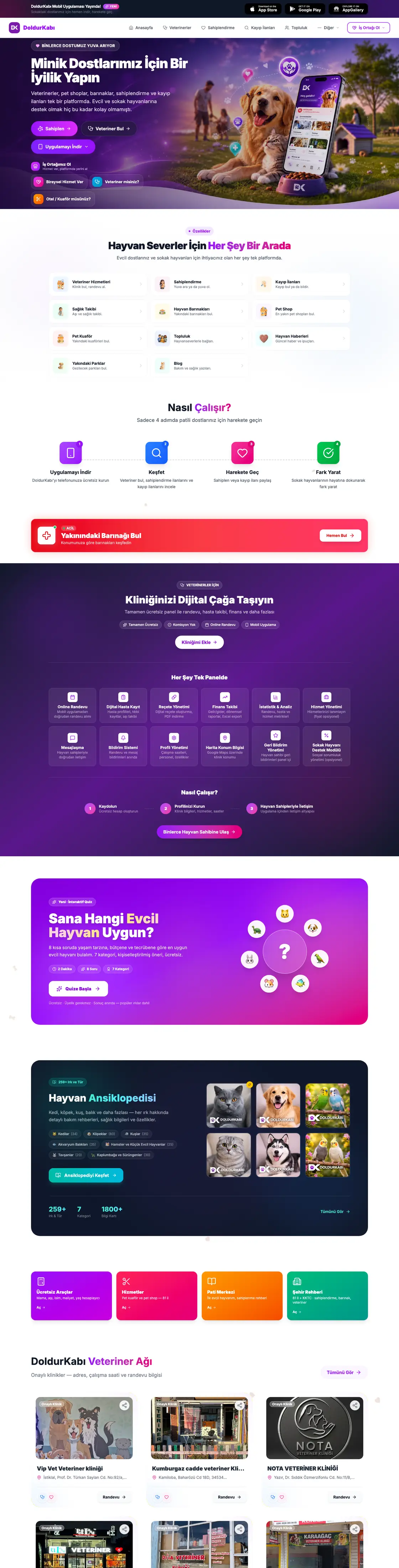 DoldurKabı sitesinin masaüstü ana sayfası, baştan sona