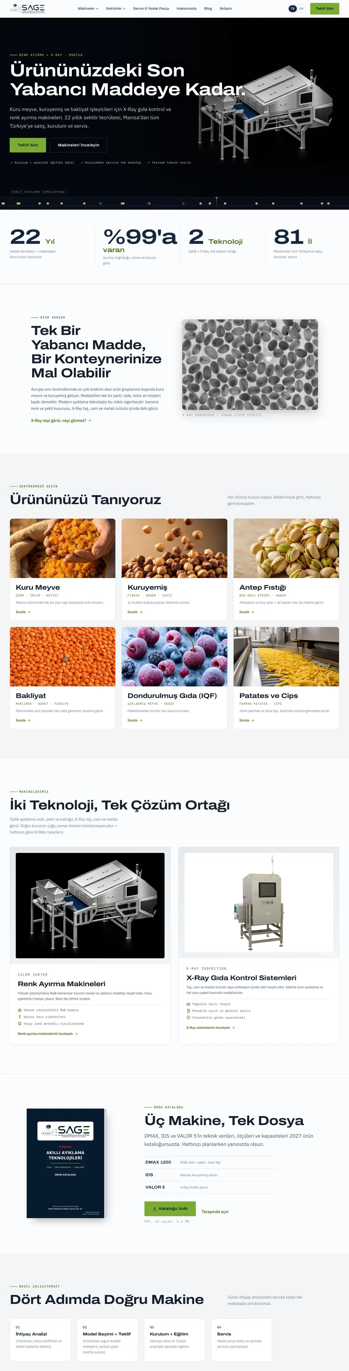 SAGE Makine sitesinin masaüstü ana sayfası, baştan sona