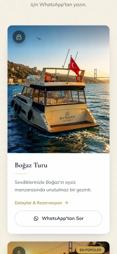 Sea Pleasure sitesi telefonda: turlar bölümü