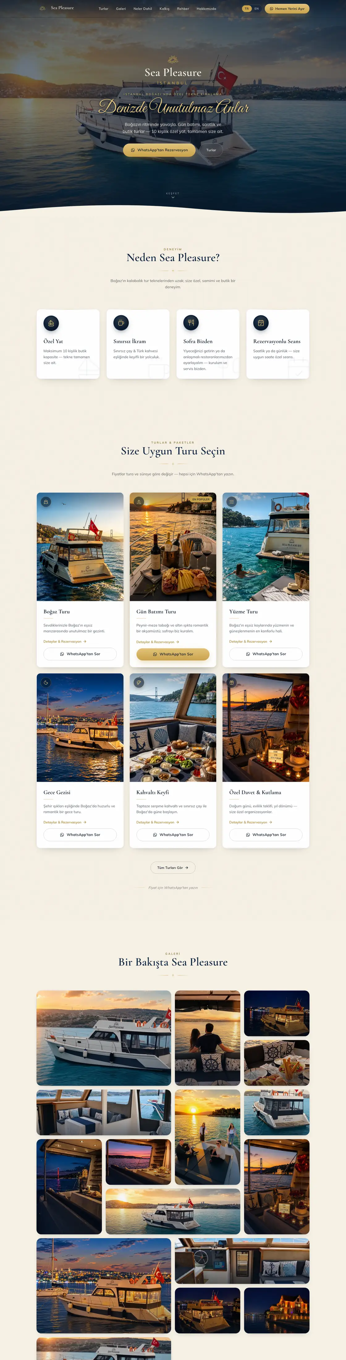 Sea Pleasure sitesinin masaüstü ana sayfası, baştan sona