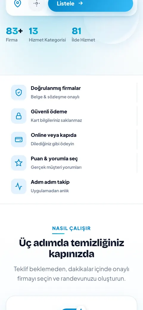 Temizlik Express sitesi telefonda: firmalar bölümü