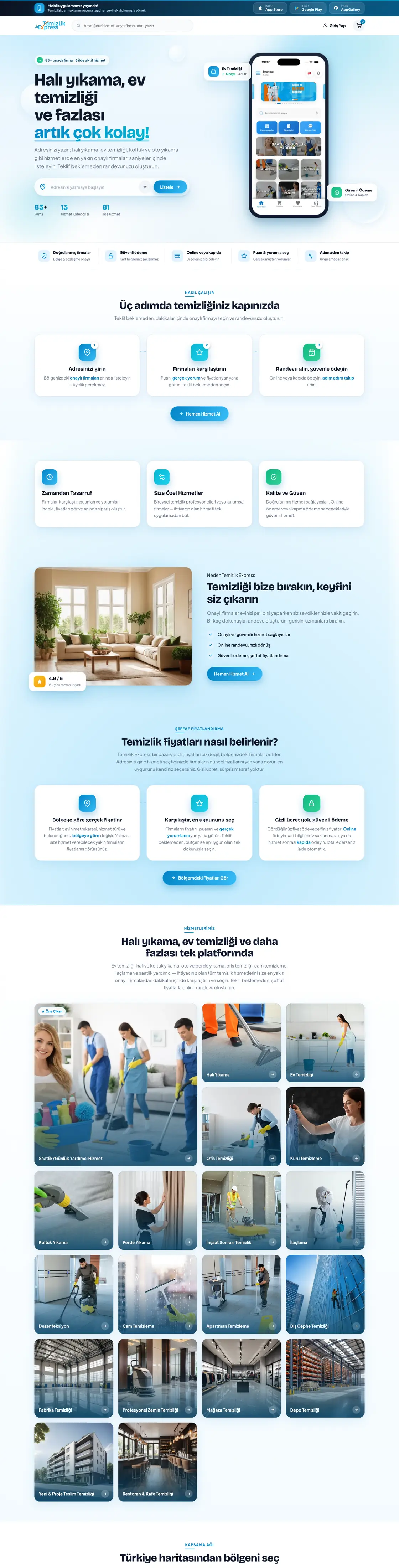 Temizlik Express sitesinin masaüstü ana sayfası, baştan sona