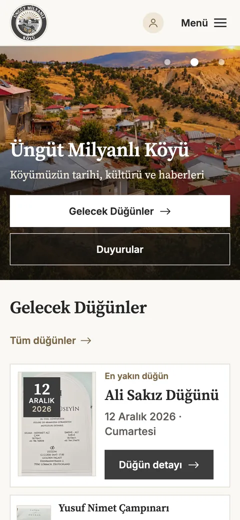 Üngüt Milyanlı Köyü sitesi telefonda: ana sayfa, ilk ekran bölümü